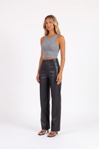 Black faux-leather high-waist straight-leg trousers — three-quarter