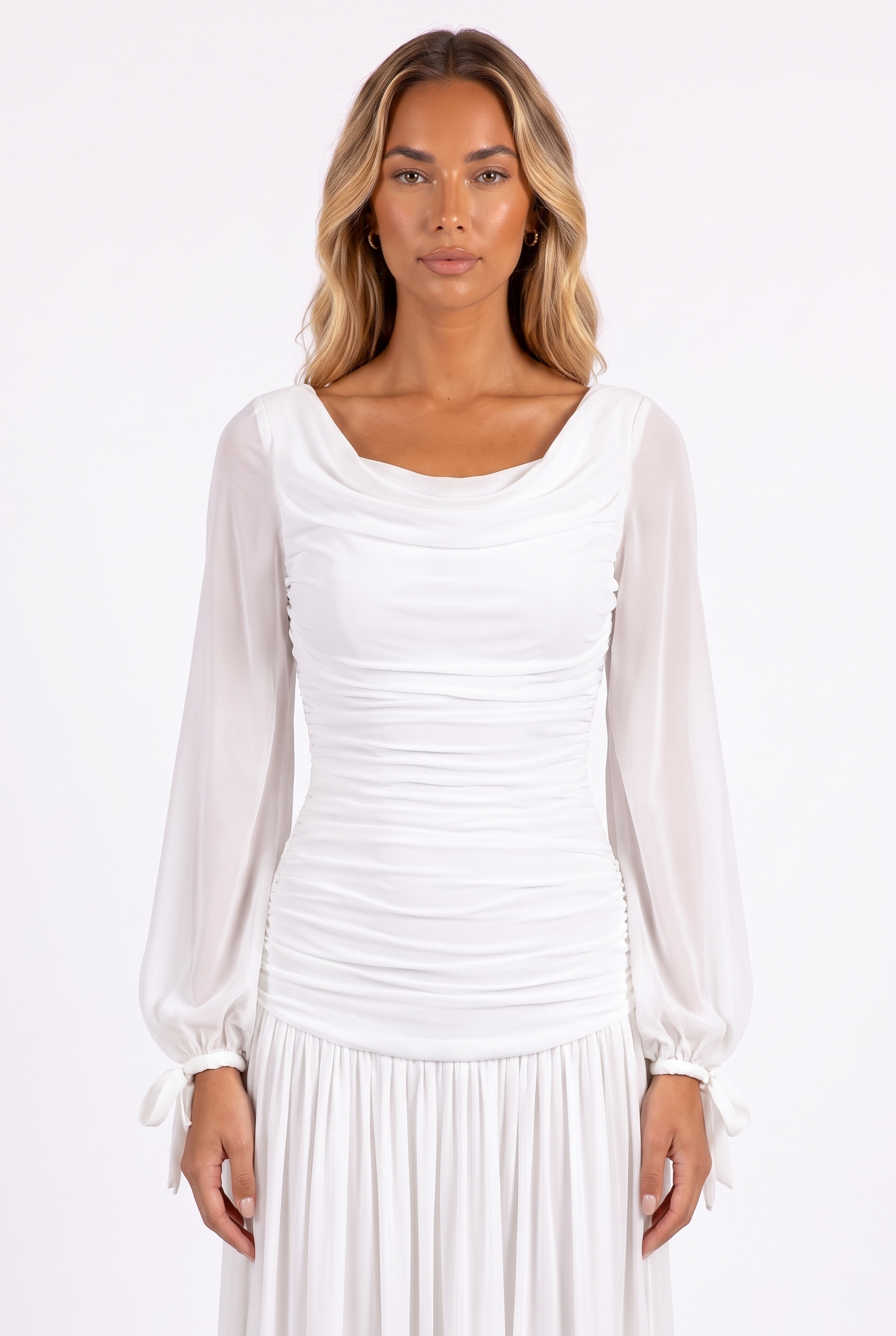 White draped cowl-neck ruched maxi dress with sheer bishop sleeves — neckline, ruching and sleeve detail