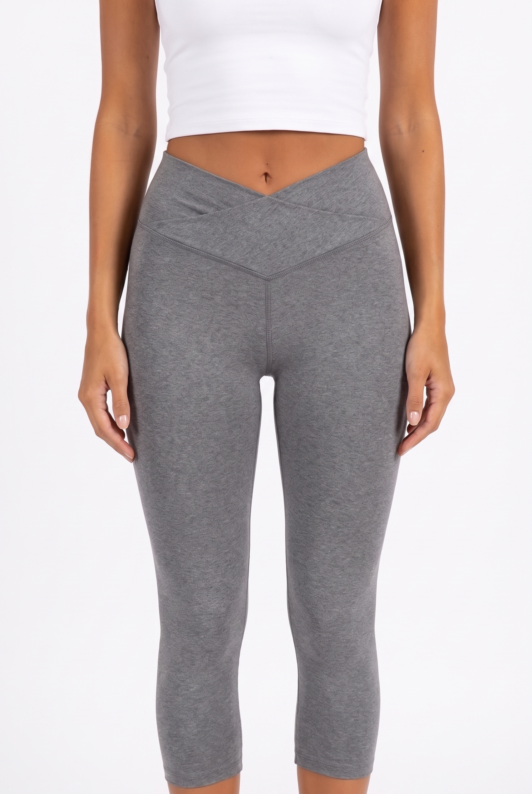Heather grey crossover high-waist capri leggings — crossover waistband detail