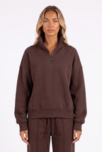 Coffee brown quarter-zip sweatshirt and wide-leg sweatpant set — funnel collar and quarter-zip detail