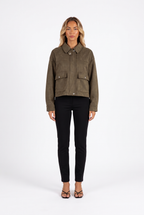 Olive faux-suede cropped snap-pocket jacket — front