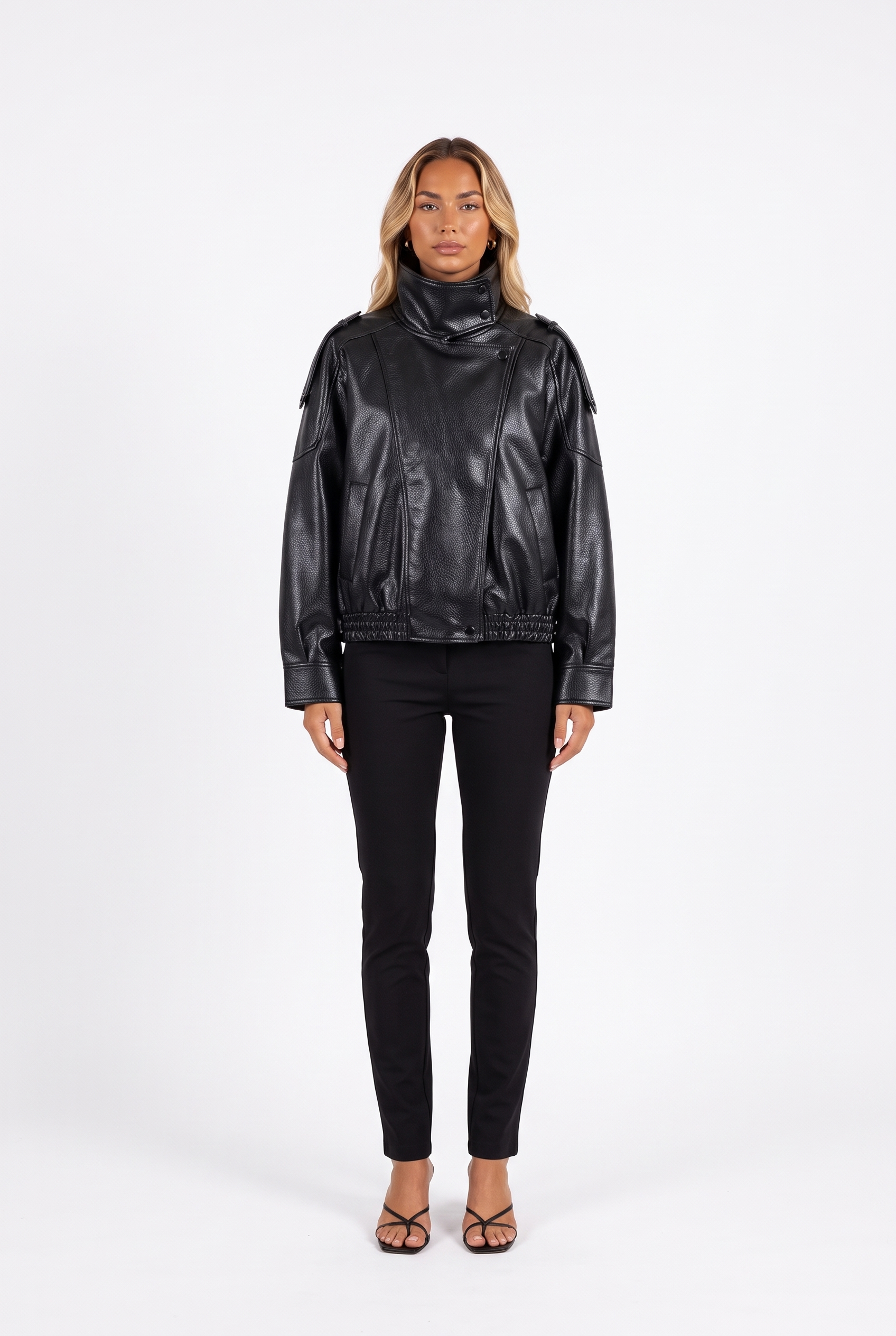 Black faux-leather cropped bomber with funnel collar — front