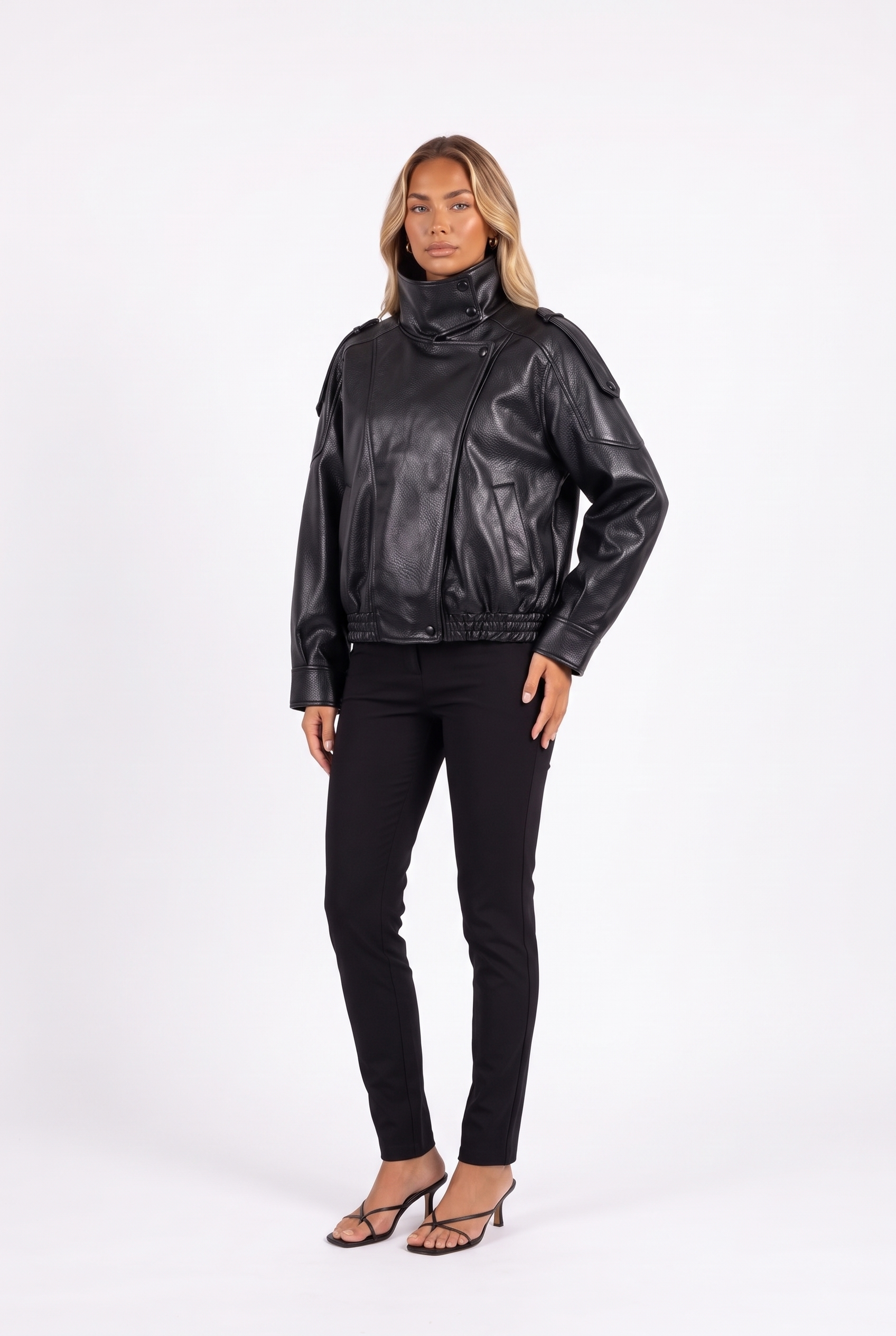 Black faux-leather cropped bomber with funnel collar — three-quarter