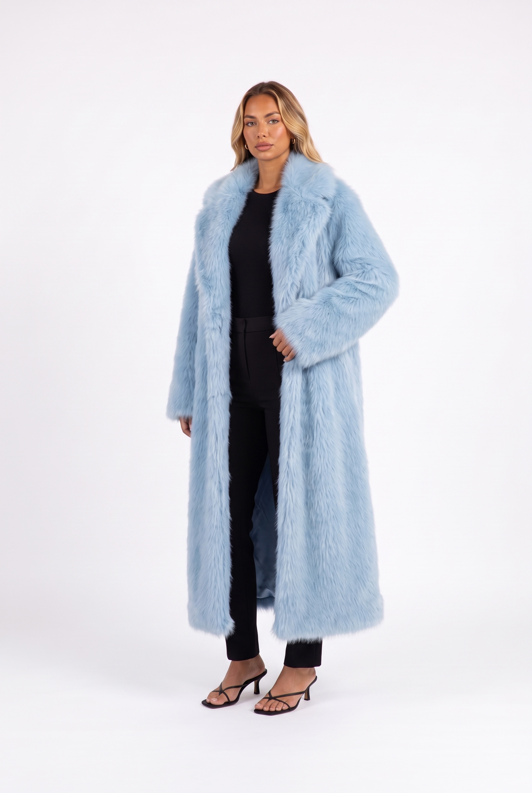 Sky blue long faux fur coat with notched lapels — three-quarter