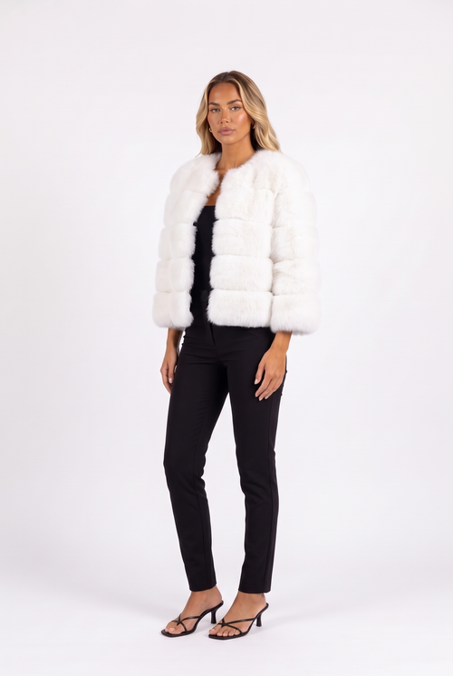 White banded faux fur cropped jacket — three-quarter