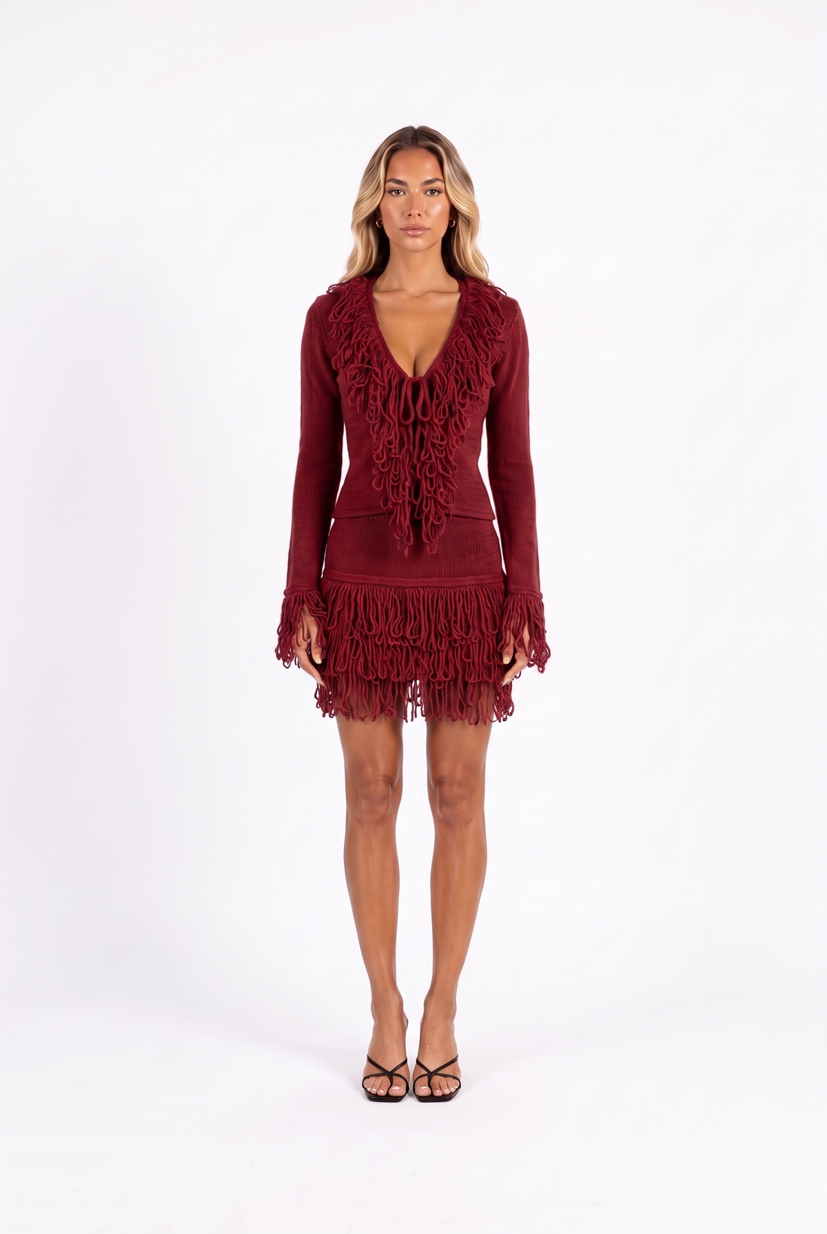 Fringe-trim knit top and mini skirt set in Claret — front