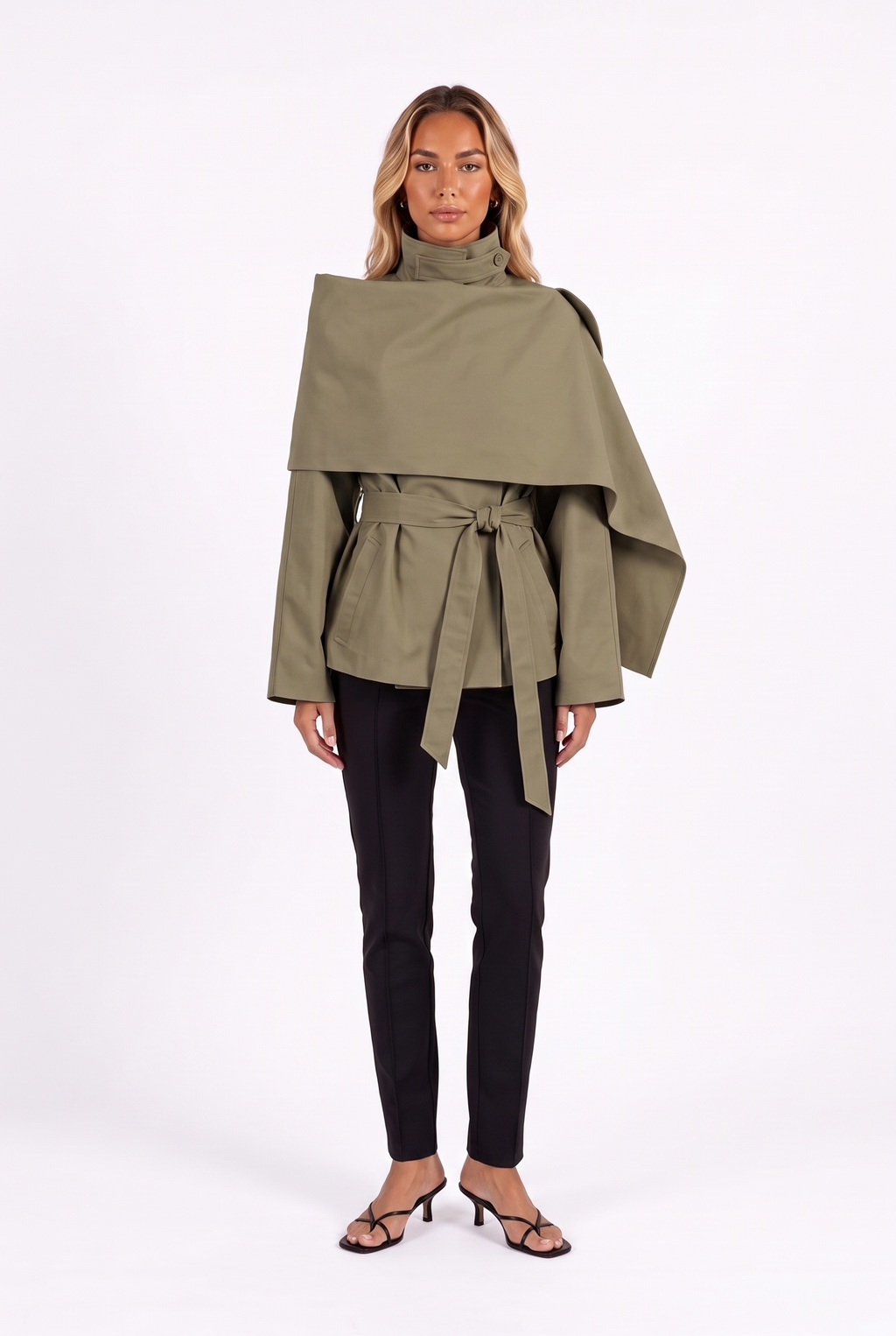 Belted asymmetric cape jacket in Olive Green — front