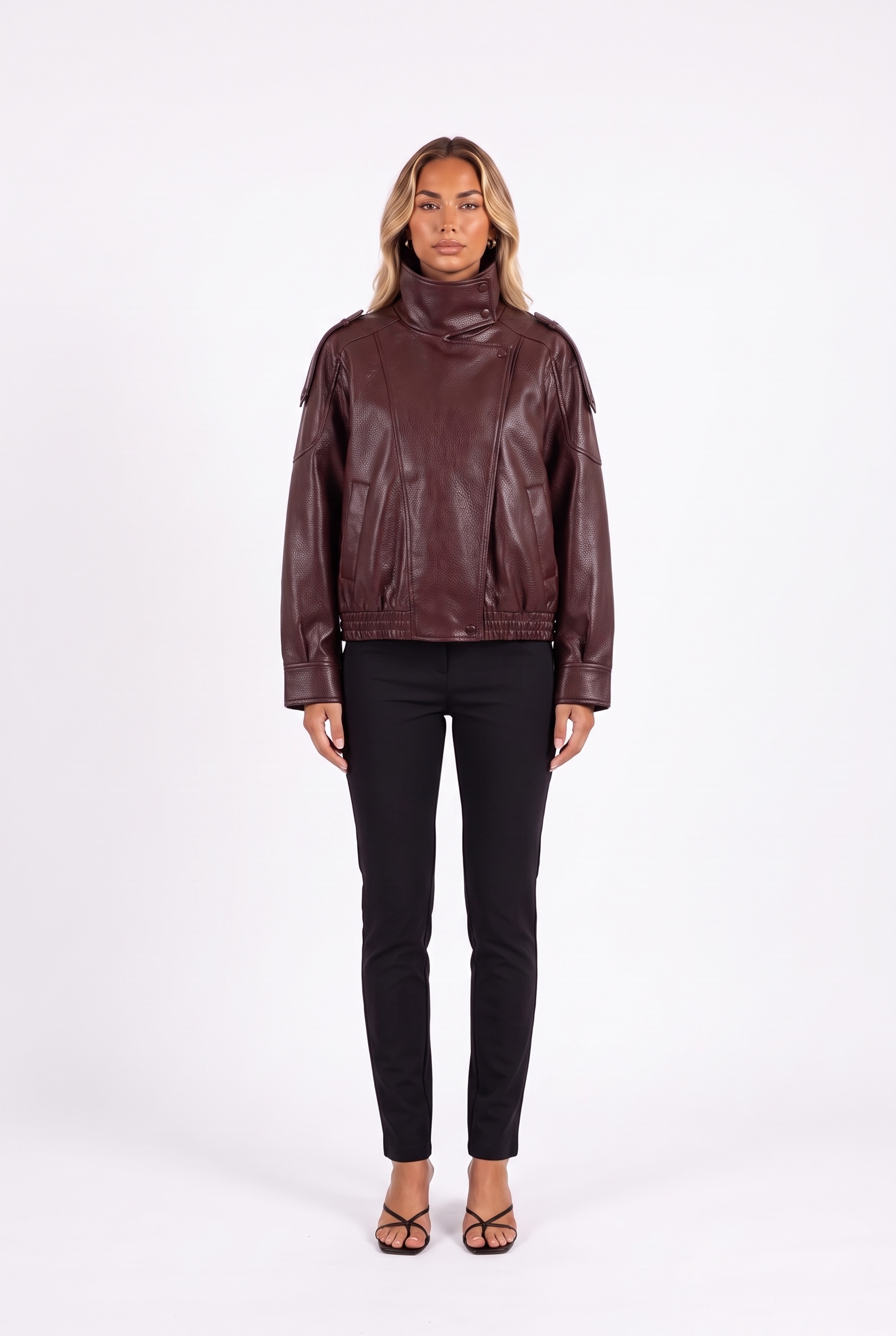 Cropped faux leather bomber with funnel collar in Burgundy — front