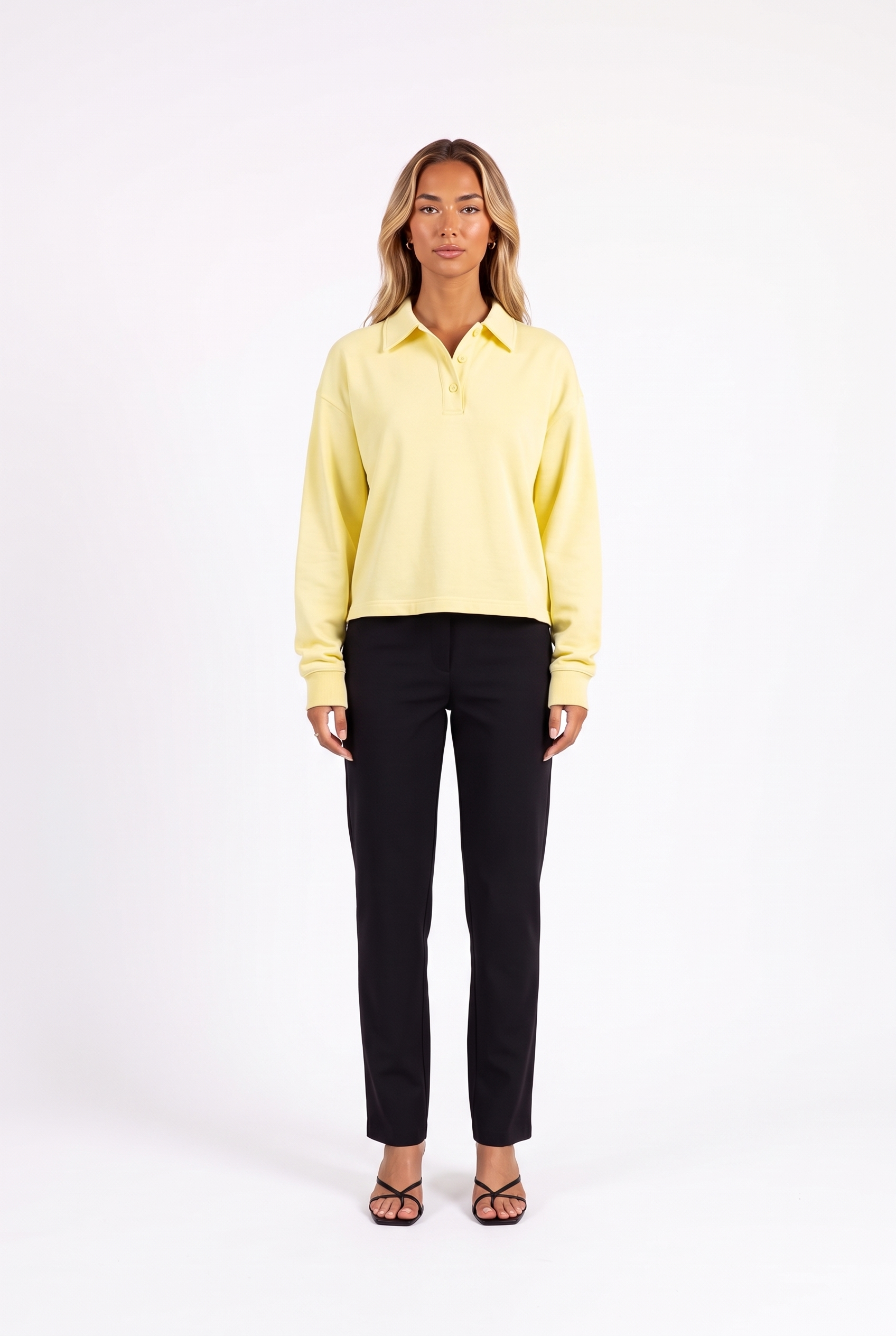 Long-sleeve cropped polo top in Yellow — front