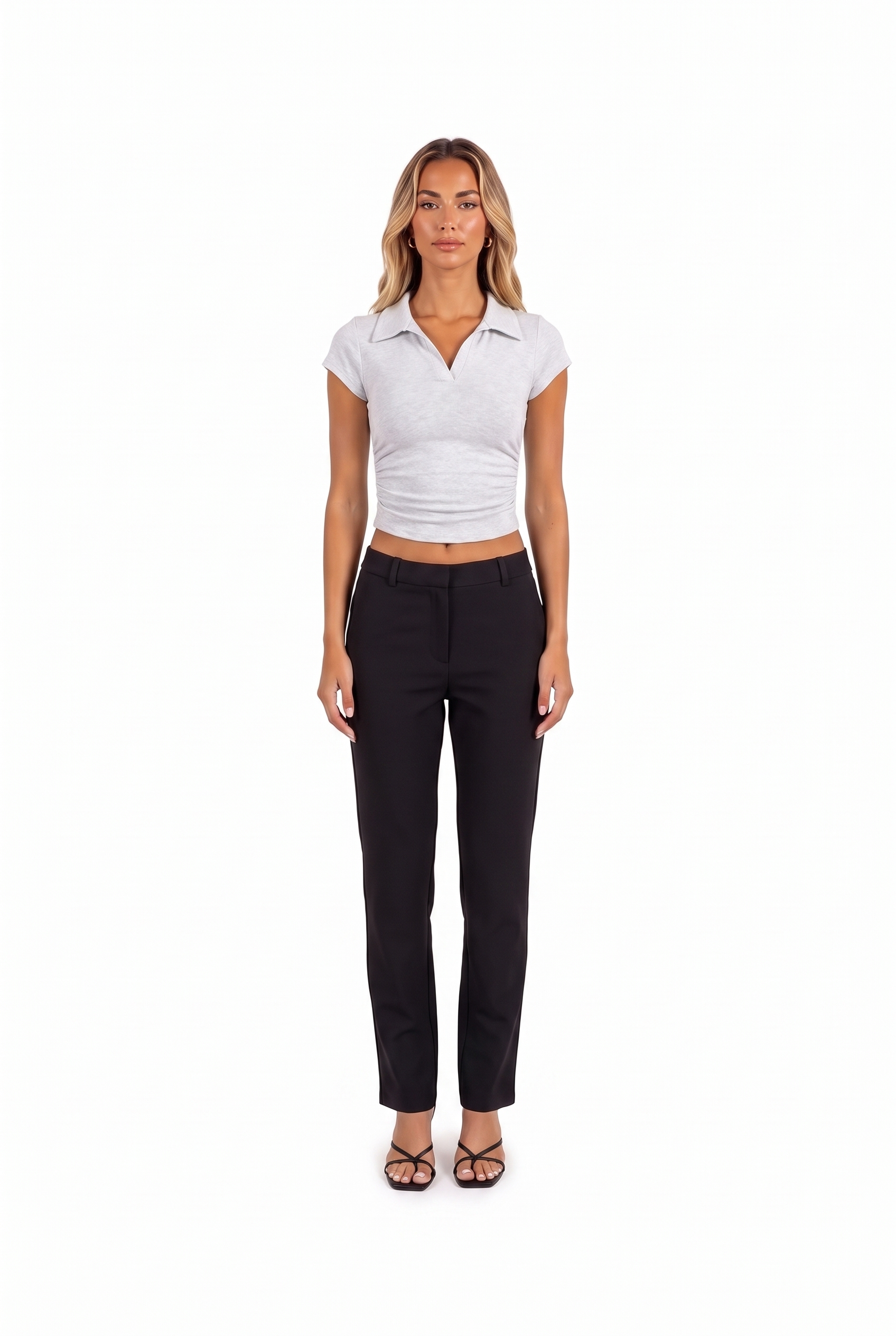 Slim Collared Crop Polo Top in White grey — front