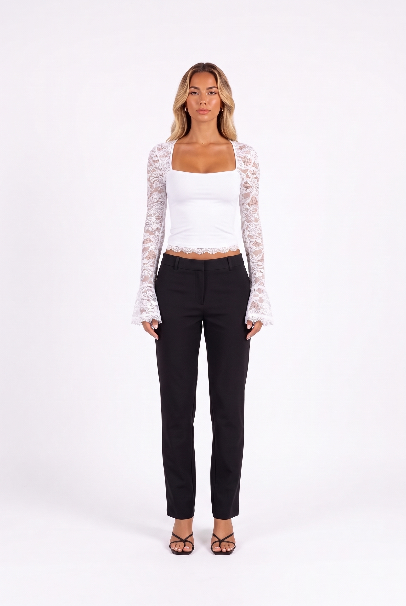 Lace-trim square-neck flare-sleeve top in WHITE — front