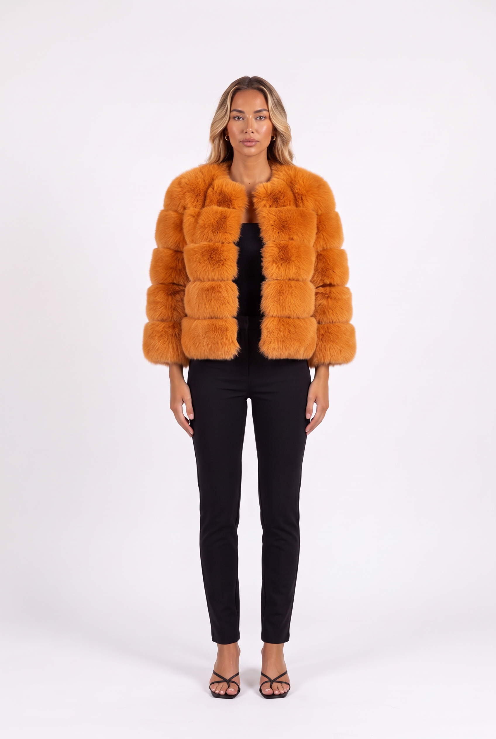 Deep Apricot cropped faux fur jacket with three-quarter sleeves — front